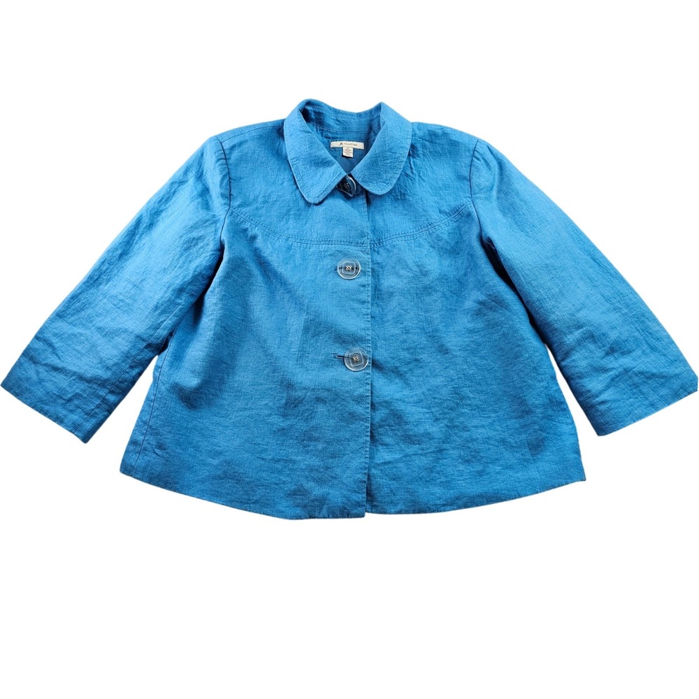 JM Collection Jacket Womens Size 16 Blue Linen Long Sleeve Collared Button Front